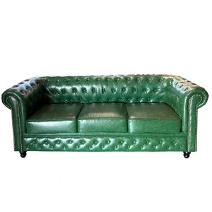 Vintage Green Leather Chesterfield Sofa – Classic Tufted 3-Seater