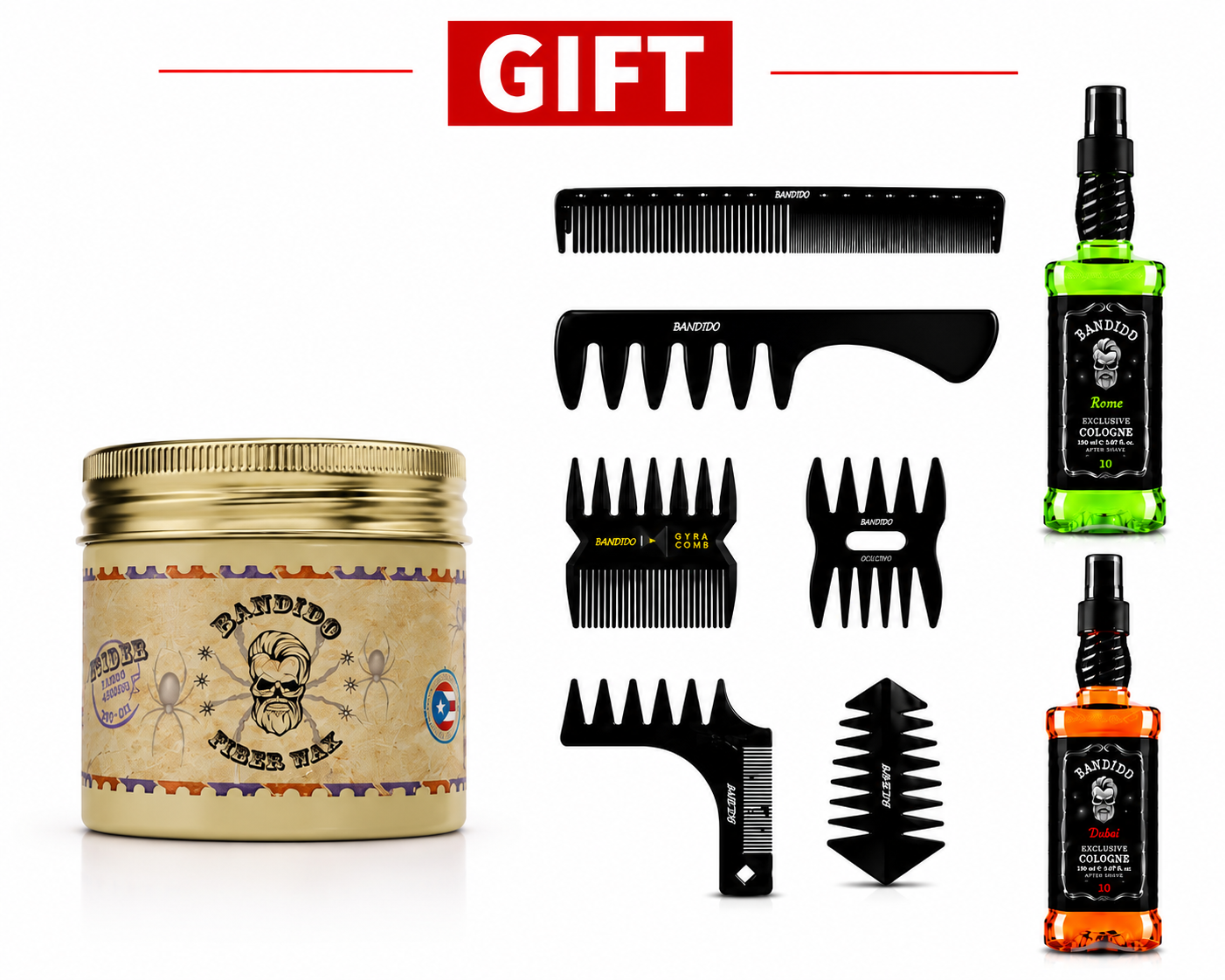 ChatGPT Image 1. Aug. 2026, 19_55_51 Bandido Spider Fiber Wax 1 stuuk 125ml. + 6-delige Kammenset & 2x Eau Du cologne 150ml GIFT - Image 1